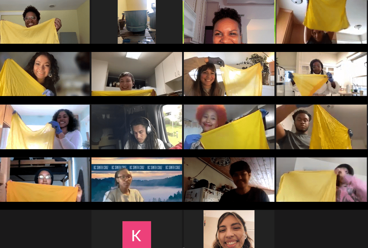 Zoom snapshot of virtual "Making with Marigold" workshop with Jennifer Steverson; individuals on the screen are holding up bandanas dyed with marigold flower; the bandanas range from bright yellow to golden yellow in color; each participant appears in a square on a grid